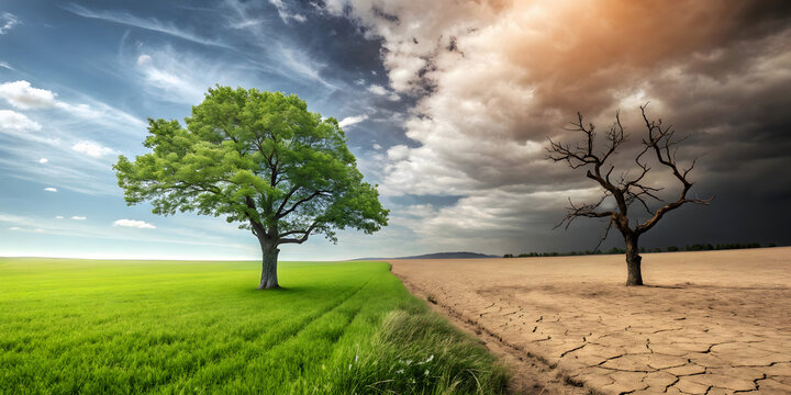 the two trees are shown in two different environments, one lush and green, while the other is barren and dry. The contrast between these two environments highlights the importance of preserving nature