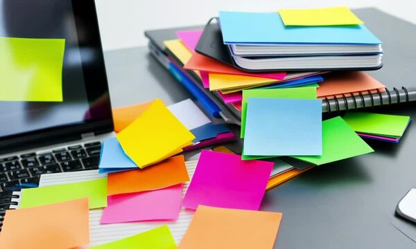 Vibrant sticky notes scattered on a desk with a laptop.
