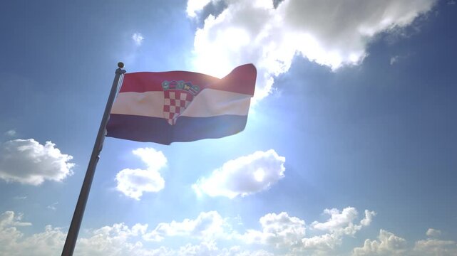 Croatia Flag waving on a Flagpole from a Moving Angle in front of a blue sky with clouds	