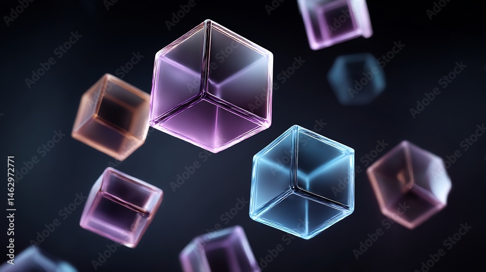 Poster Dynamic array of luminous translucent cubes floating in dark ambient space
