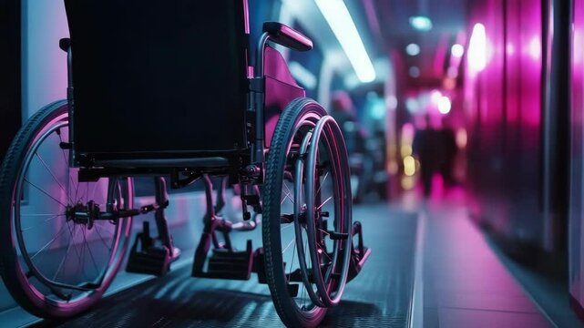 A wheelchair is parked on a subway platform. The image has a moody, somewhat eerie feel to it, with the neon lights and the reflection of the wheelchair in the window