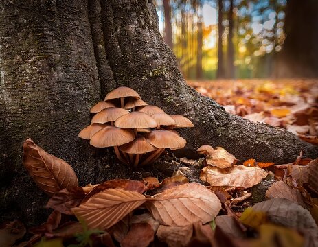 Cluster of mushrooms growing on a tree trunk in autumn forest