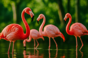Fototapeta premium Vibrant flamingos standing gracefully in calm sunlit waters