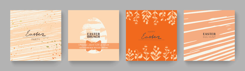Happy Easter set of square banners , invitations, greeting cards, posters, holiday covers. Modern design with abstract and hand drawn botanical elements , eggs, in pastel colors. Vector illustration.