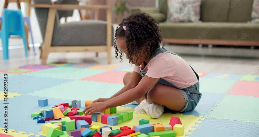 Poster Building blocks, playing and child on floor in house for cognitive development or creativity. Learning, living room and girl kid with educational toys for fine motor skills or sensory in home.