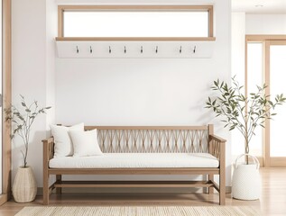 Minimalist entryway with a wooden bench and coat hooks features a bright clean and organized space, ideal for interior background