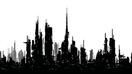 Cyberpunk city simple black silhouette vector isolated on white background  -  