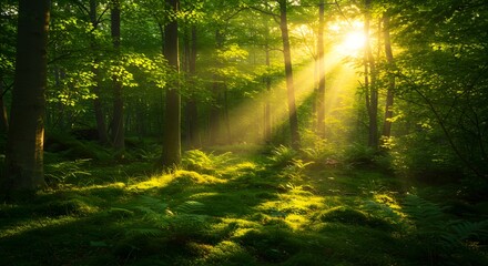 Forest with sunlight filtering through dense green leaves.