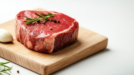 A fresh cut of raw steak adorned with rosemary and peppercorns sits on a wooden cutting board, highlighting the quality and appeal of premium ingredients for culinary enthusiasts.