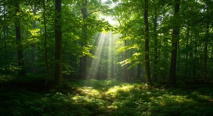 Obraz premium Forest with sunlight filtering through dense green leaves.