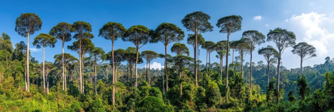 Tall, unique trees stand tall in lush green forest under a clear blue sky