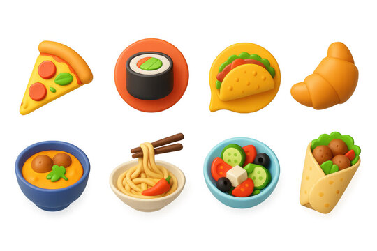 3D icon set of world cuisines: Italian pizza slice icon, Japanese sushi roll badge, Mexican taco bubble, French croissant icon, Indian curry bowl, Thai noodles plate, Greek salad bowl, Middle Eastern