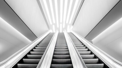 Obraz premium Ascending into luminescence, A monochromatic journey on moving staircases