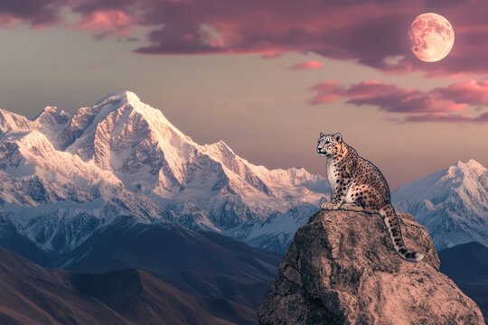 A snow leopard perched atop a rocky mountain peak, overlooking a majestic snow-capped range under a vibrant sunset sky.