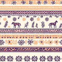 Scandinavian Winter Holiday Textile: Geometric Floral Animal Patterns - Colorful Deer, Horse, Pinecone, Feather Motifs - Decorative Ethnic Fabric Design, Traditional Rustic Background Elements Art 