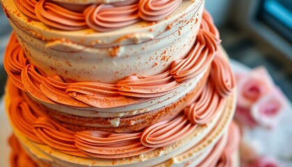 close up of a multi layered cake