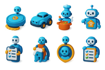 3D icon set of personal assistant robots: home cleaning robot, robotic lawn mower icon, indoor pet care bot, cooking helper robot, smart home manager bot, daily schedule reminder bot, elder care
