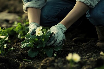 Naklejka premium Dedicated Gardener Nurturing Blossoms in Flourishing Spring Garden