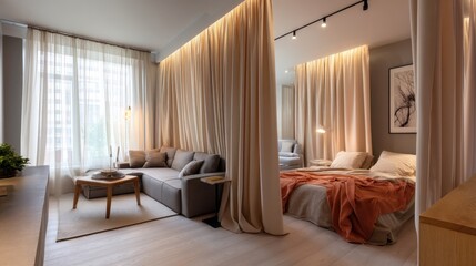Modern studio apartment with flowing curtains as dividers 