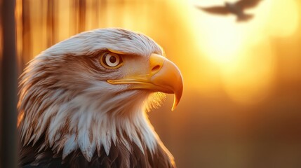 A stunning close-up of a bald eagle with sharp eyes during the magical golden hour, showcasing nature's beauty and the strength of this magnificent bird.