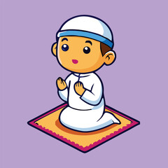Adorable cartoon Muslim boy is kneeling and praying on a prayer rug