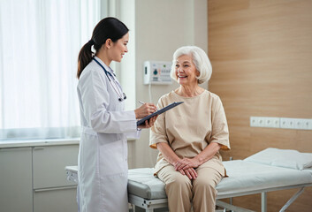 Obraz premium Asian woman doctor consulting with senior Caucasian woman in examination room.