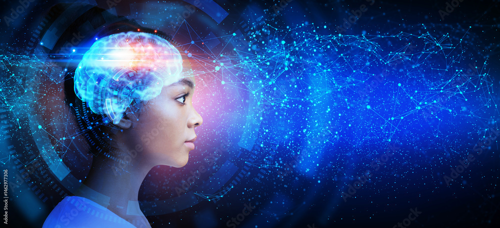 Poster artificial intelligence concept. profile portrait of black woman with illuminated digital brain over
