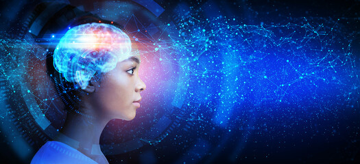 Artificial Intelligence Concept. Profile Portrait Of Black Woman With Illuminated Digital Brain Over Abstract Futuristic Background © Prostock-studio