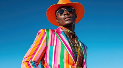 Obraz premium A striking portrait of a fashionable man dressed in a vibrant suit and hat, exuding confidence and style against a clear blue sky, a perfect blend of fashion and expression.