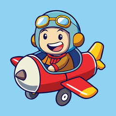 Smiling cartoon pilot with goggles flies in red airplane against light blue backdrop