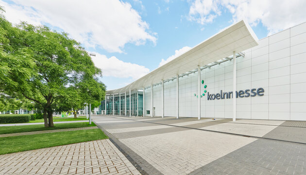 Cologne, Germany May 06 2025: wide-angle shot of the Congress-Centrum Nord Koelnmesse in Cologne Deutz on a sunny day with clouds
