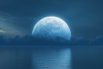Serene Water Moonrise: A Bright Blue Moon Illuminating Tranquil Ocean Waves Under a Calm Night Sky