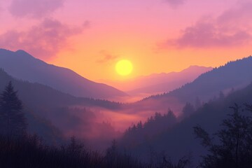 Serene Dawn Over Misty Mountains: A Colorful Sunrise Landscape with Fog and Vale