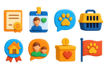 3D icon set of pet adoption and rescue: adoption certificate icon, shelter volunteer badge, rescue paw print bubble, pet carrier icon, happy home match badge, foster family bubble, donation box,
