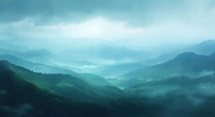 Serene Mountain Rain: A Misty Landscape at Sunset with Fog-Blanketed Hills and Sunlight Piercing the Clouds