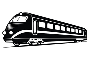 Black and white modern streamlined passenger train speeding along the tracks in format