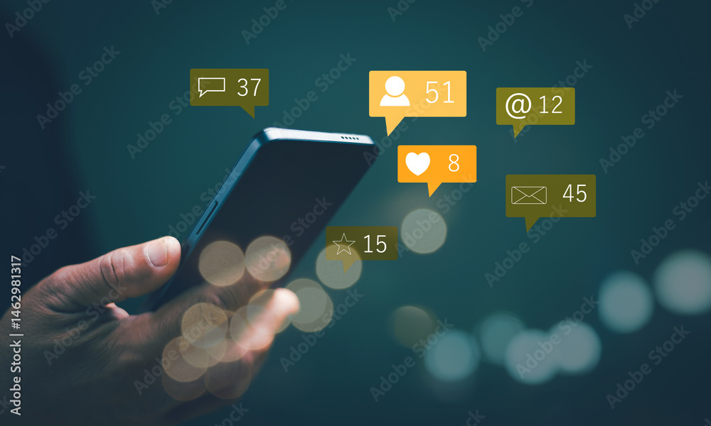 Poster Social media connecting concept. Businessman using smartphone for connect to social media internet network. Notification for e-mail, message, and other application on online network.