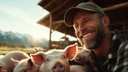 A smiling farmer enjoys a joyful moment among playful pigs at sunset, showcasing the connection between humans and animals on a serene farm landscape with a warm glow.