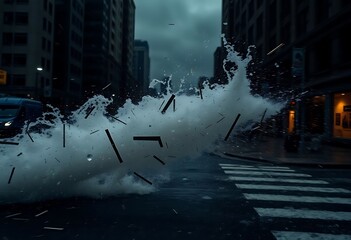 large wave crashes into a city street