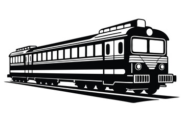 Monochrome passenger train with multiple windows speeds along tracks in a bold, vintageinspired silhouette