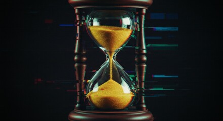 Close up of an hourglass with yellow sand on a dark background with glitching visual effects