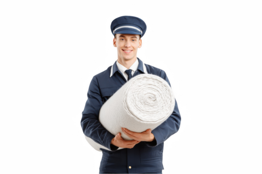 Happy delivery man holding a rolled white carpet professional service job on transparent background