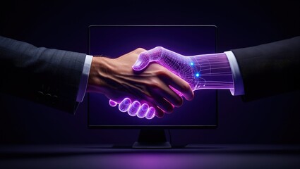A human and an AI agent shake hands at a digital interface, representing AGI and ASI singularity in artificial intelligence collaboration, trust, and the fusion of human and machine intelligence