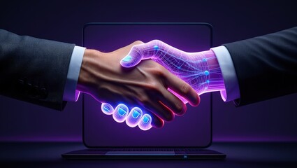 A human and an AI agent shake hands at a digital interface, representing AGI and ASI singularity in artificial intelligence collaboration, trust, and the fusion of human and machine intelligence