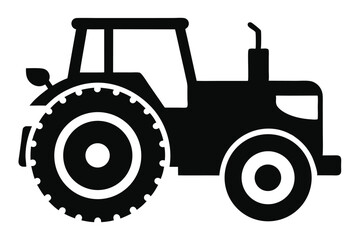 A stylized black tractor with large rear wheels is prominently displayed in silhouette form