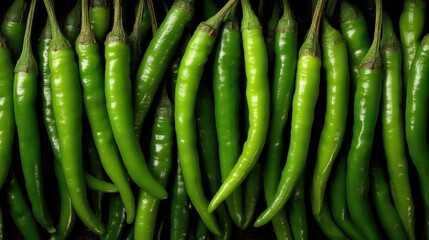 Vibrant green chili peppers are displayed in organized rows at a market stall. The fresh produce showcases their glossy texture and vivid color, enticing shoppers