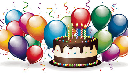 Colorful Birthday Party Celebration_ Balloons_ Cake and Confetti for a Joyful Anniversary or Festive Event_Celebrate with us_Enjoy it