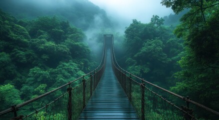 Obraz premium Misty jungle bridge pathway, nature exploration