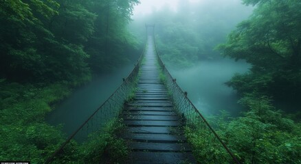 Obraz premium Misty forest suspension bridge over water