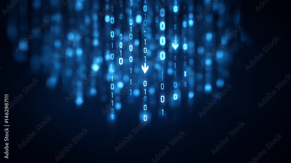 Poster binary code stream: digital data flowing downward in an abstract representation